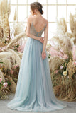 Vestido de fiesta de tul lavanda línea A con cuentas