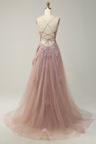 A Línea Correas de Espagueti Rosa Vestido de Graduación Con Apliques