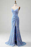Vestido de fiesta azul claro de sirena de lentejuelas brillantes con abertura