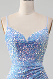 Vestido de fiesta azul claro de sirena de lentejuelas brillantes con abertura