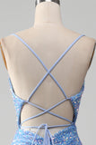 Vestido de fiesta azul claro de sirena de lentejuelas brillantes con abertura