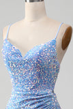 Vestido de fiesta azul claro de sirena de lentejuelas brillantes con abertura