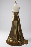 Vestido de fiesta largo dorado de sirena brillante con abertura