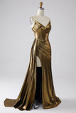 Vestido de fiesta largo dorado de sirena brillante con abertura