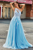 Vestido de fiesta de tul largo azul claro de una línea de un hombro con apliques