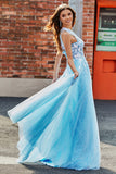 Vestido de fiesta de tul largo azul claro de una línea de un hombro con apliques