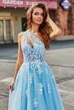 Vestido de fiesta de tul largo azul claro de una línea de un hombro con apliques