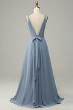 Gris Azul Cuello en V A Línea Vestido de Dama de Honor