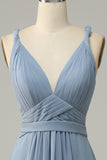 Gris Azul Cuello en V A Línea Vestido de Dama de Honor