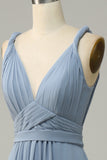 Gris Azul Cuello en V A Línea Vestido de Dama de Honor