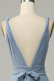 Gris Azul Cuello en V A Línea Vestido de Dama de Honor