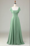 Vestido de dama de honor matcha de cuello cuadrado con volantes