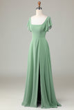 Vestido de dama de honor matcha de cuello cuadrado con volantes