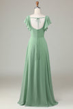 Vestido de dama de honor matcha de cuello cuadrado con volantes