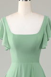 Vestido de dama de honor matcha de cuello cuadrado con volantes
