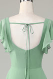 Vestido de dama de honor matcha de cuello cuadrado con volantes