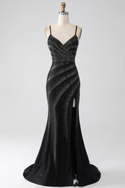 Vestido de fiesta negro con cuentas de sirena con abertura