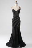 Vestido de fiesta negro con cuentas de sirena con abertura
