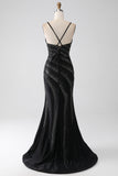 Vestido de fiesta negro con cuentas de sirena con abertura