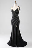 Vestido de fiesta negro con cuentas de sirena con abertura