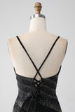 Vestido de fiesta negro con cuentas de sirena con abertura