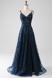 Vestido de fiesta largo con tirantes de espagueti azul marino oscuro de una línea con abertura