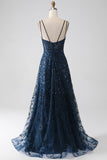 Vestido de fiesta largo con tirantes de espagueti azul marino oscuro de una línea con abertura