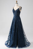 Vestido de fiesta largo con tirantes de espagueti azul marino oscuro de una línea con abertura