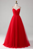 Vestido de fiesta con espalda anudada con cuello en V plisado en V de tul rojo