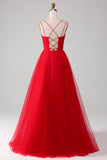 Vestido de fiesta con espalda anudada con cuello en V plisado en V de tul rojo