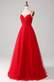 Vestido de fiesta con espalda anudada con cuello en V plisado en V de tul rojo