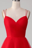 Vestido de fiesta con espalda anudada con cuello en V plisado en V de tul rojo