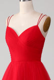 Vestido de fiesta con espalda anudada con cuello en V plisado en V de tul rojo