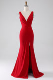 Vestido de fiesta rojo con cuello en V de sirena con abertura