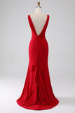 Vestido de fiesta rojo con cuello en V de sirena con abertura