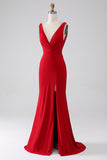 Vestido de fiesta rojo con cuello en V de sirena con abertura