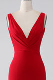 Vestido de fiesta rojo con cuello en V de sirena con abertura