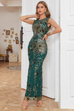 Cuello Redondo Verde Oscuro Cuentas Vestido Formal de Fiesta