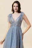 Vestido de Graduación Con Cuentas Tul Azul