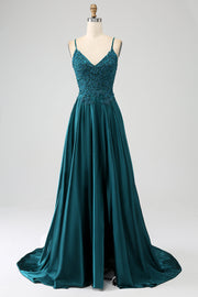 Vestido de fiesta largo con tirantes de espagueti verde pavo real con abertura