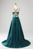 Vestido de fiesta largo con tirantes de espagueti verde pavo real con abertura