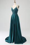 Vestido de fiesta largo con tirantes de espagueti verde pavo real con abertura