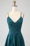 Vestido de fiesta largo con tirantes de espagueti verde pavo real con abertura