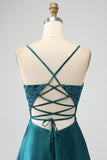 Vestido de fiesta largo con tirantes de espagueti verde pavo real con abertura