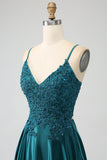 Vestido de fiesta largo con tirantes de espagueti verde pavo real con abertura