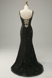 Sirena Tirantes de Espagueti Negro Lentejuelas Vestido de Fiesta