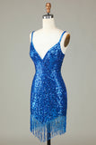 Vestido de noche corto con escote en V espalda con cordones y tirantes finos en azul brillante y cuentas