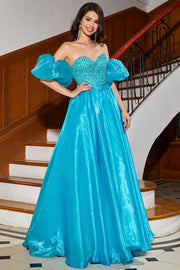 Vestido de fiesta con corsé azul de línea A con abalorios