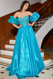 Vestido de fiesta con corsé azul de línea A con abalorios