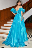 Vestido de fiesta con corsé azul de línea A con abalorios